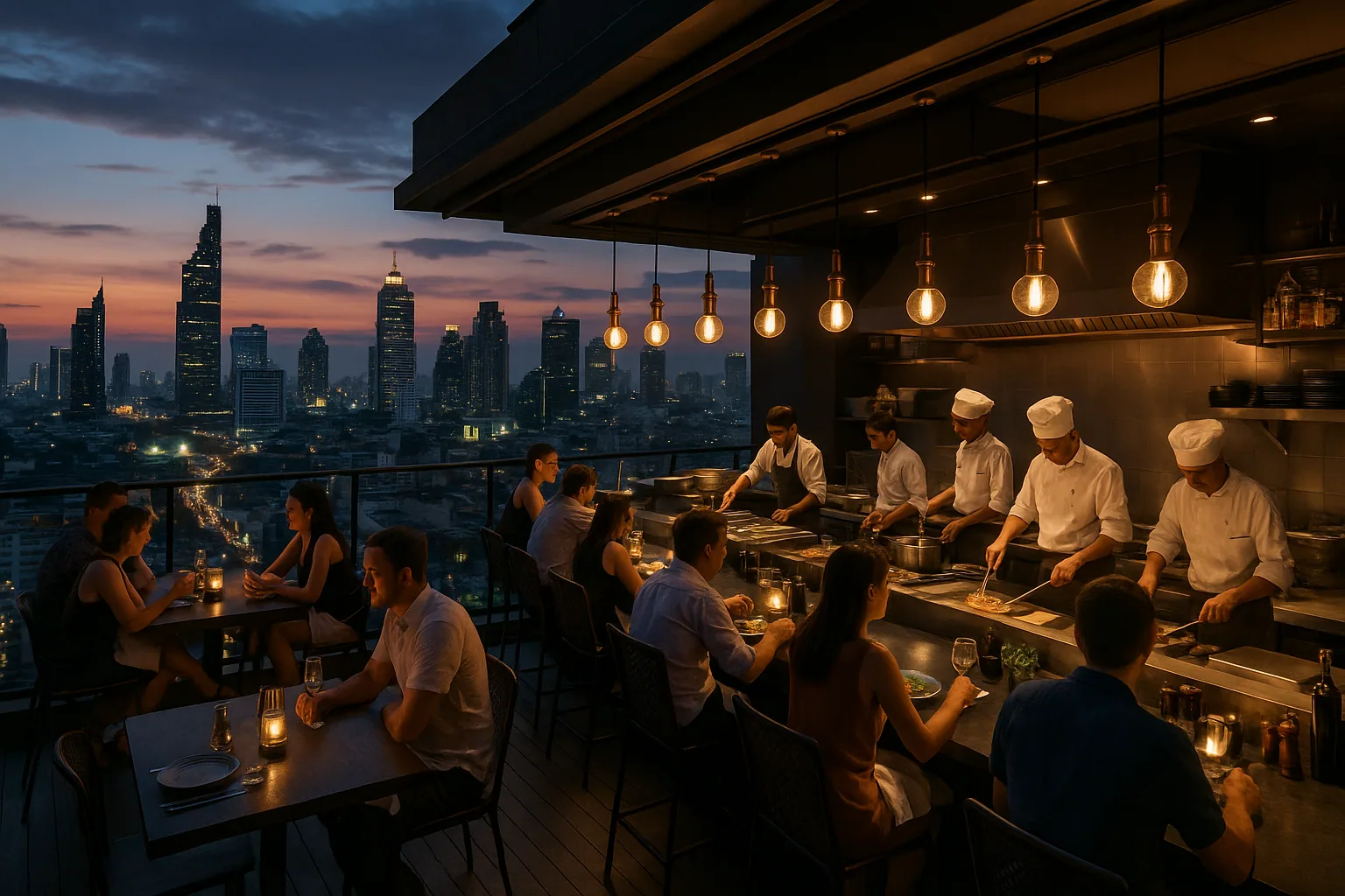 Bangkok rooftop restaurant and bar overlooking skyline at night