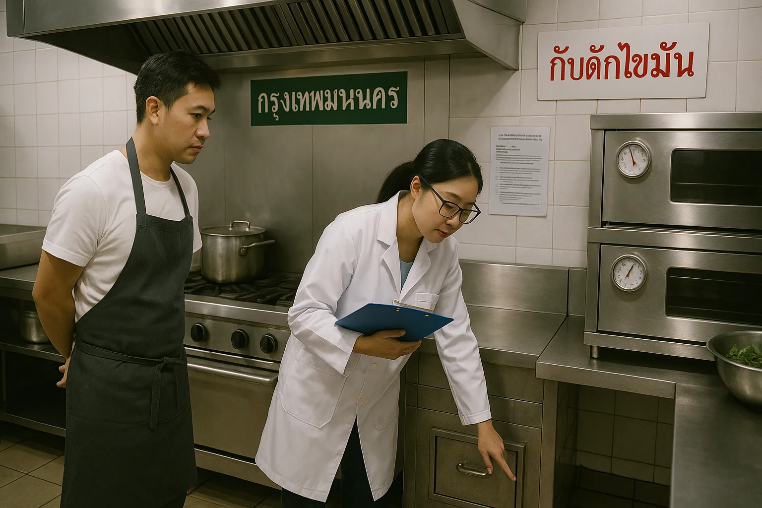 Thai health inspector with clipboard reviewing stainless kitchen line during licensing visit
