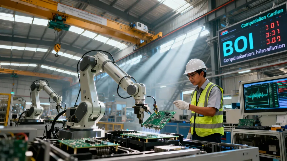 Thai engineer monitoring robotic manufacturing lines inside an advanced Eastern Economic Corridor factory promoted by the BOI
