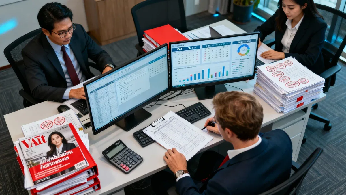 Accounting team in Bangkok reconciling ledgers and VAT filings with calendars of Thai compliance deadlines