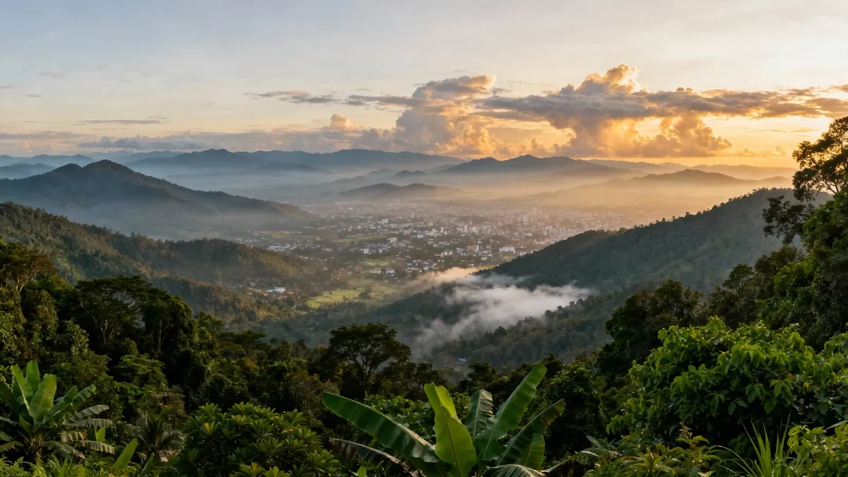 Scenic mountain view from Doi Suthep overlooking Chiang Mai city with misty valleys and lush green forests