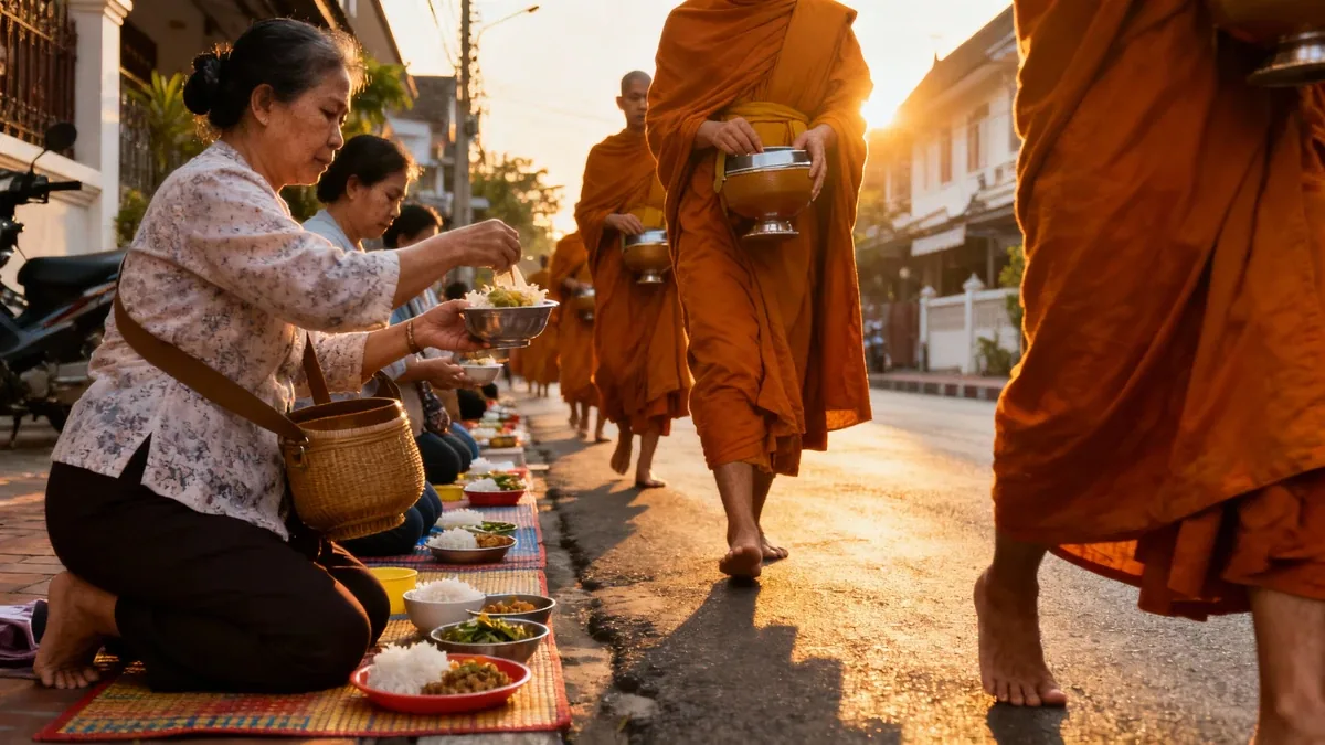 Close-up of hands placing rice and Thai curry into an ornate Buddhist monk's alms bowl during morning merit-making ritual