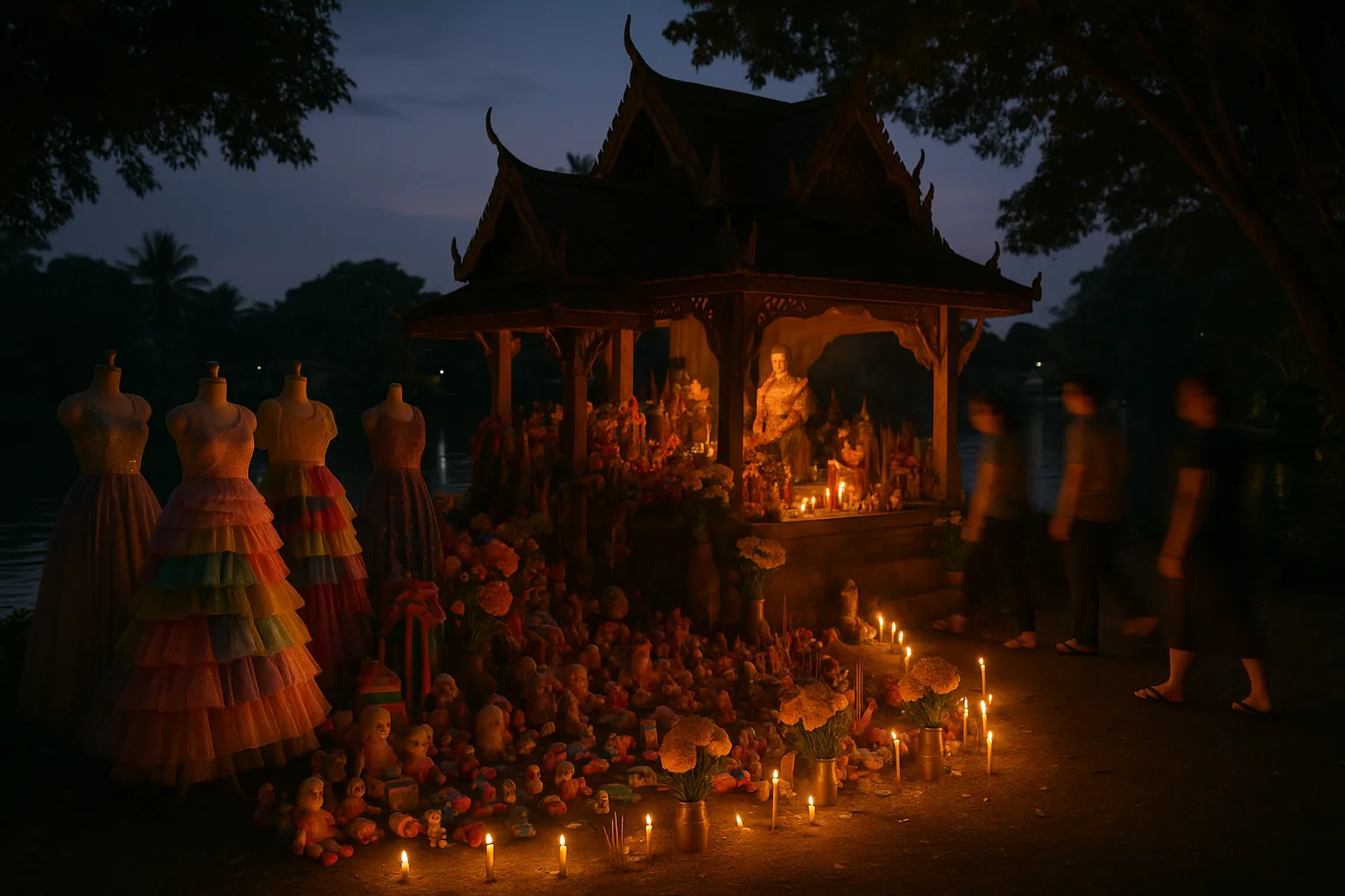 Mae Nak shrine at Wat Mahabut temple in Bangkok with offerings of dresses, flowers, and toys from pregnant women seeking blessings