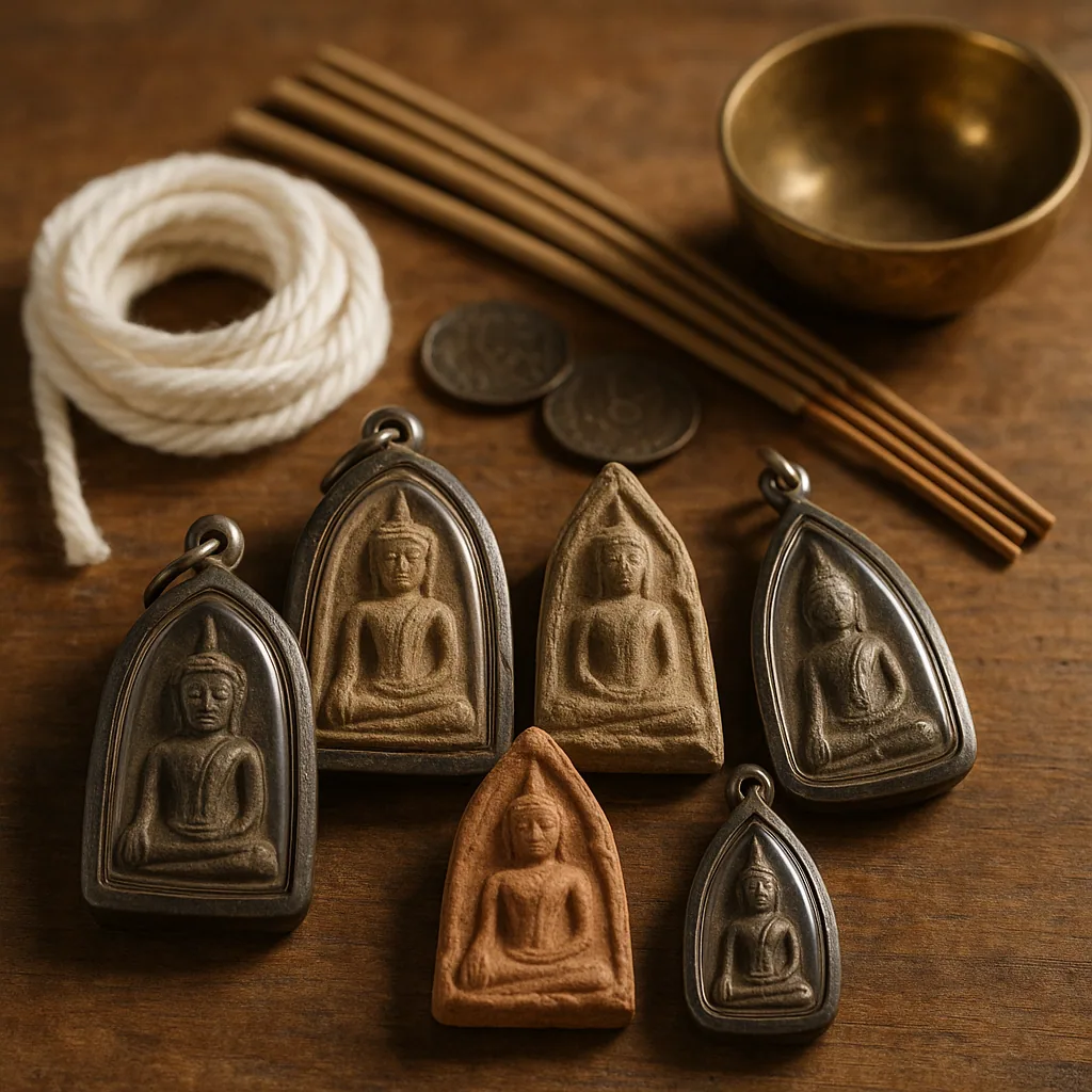 Collection of Thai Buddhist protection amulets and sacred objects used to ward off ghosts and malevolent spirits