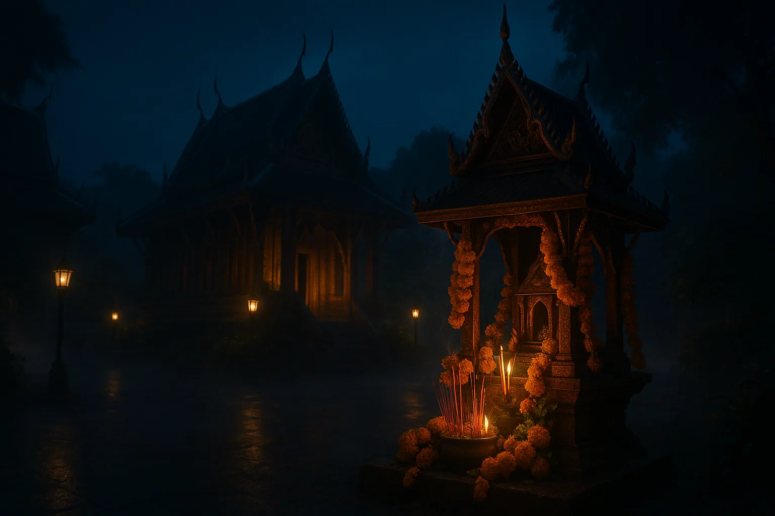 Traditional Thai temple illuminated at night with spirit house in foreground receiving offerings of incense and flowers