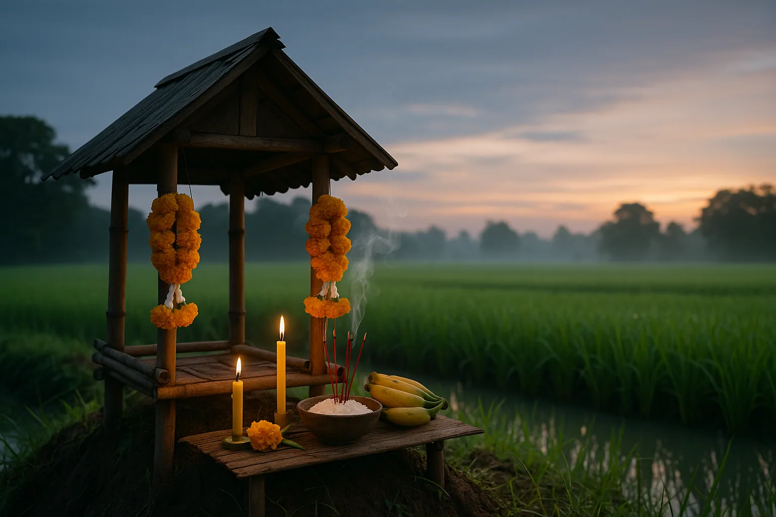 Spirit shrine in rice field with traditional offerings