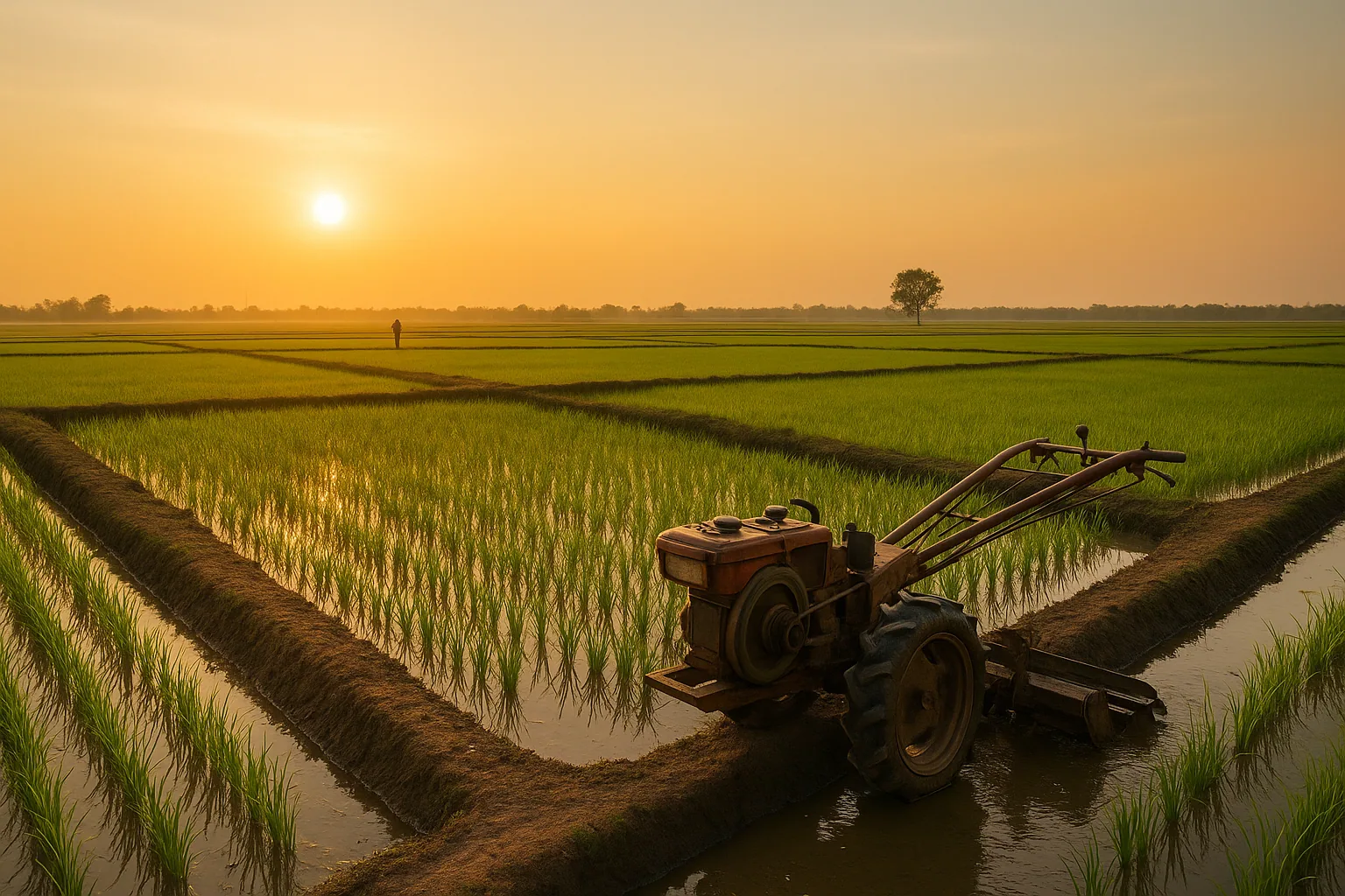 Traditional water buffalo tiller in rice paddy at sunrise