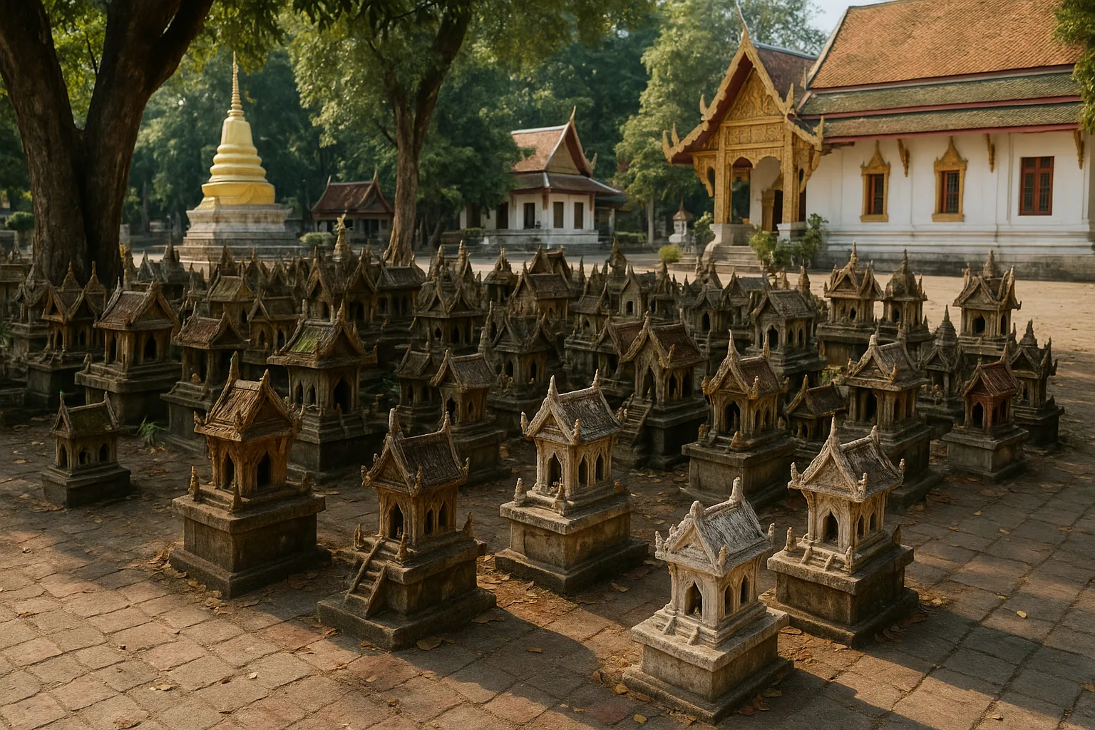 Large collection of miniature wooden spirit houses arranged in temple courtyard with traditional Thai temple buildings in background