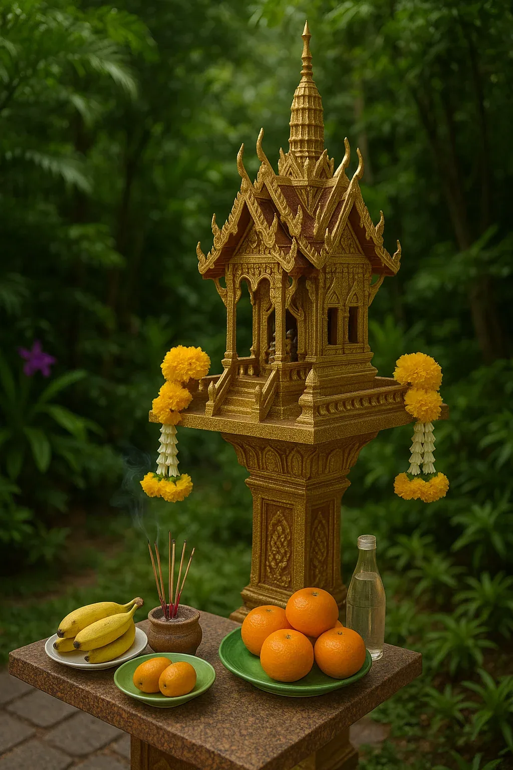 Golden Thai spirit house with fruit offerings, marigold garlands, and incense in natural garden environment