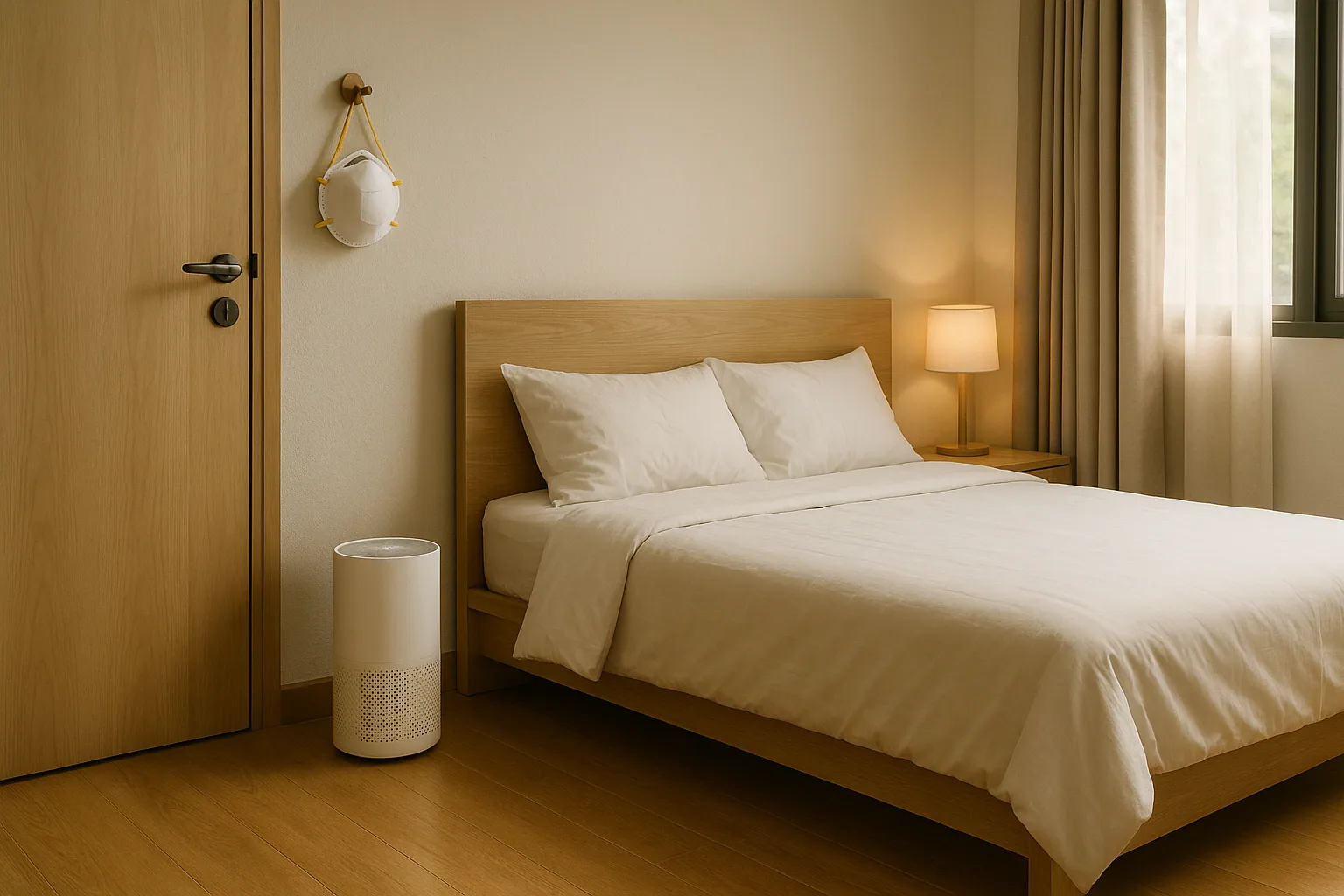 A simple home setup showing an air purifier in a bedroom and an N95 mask placed near the door