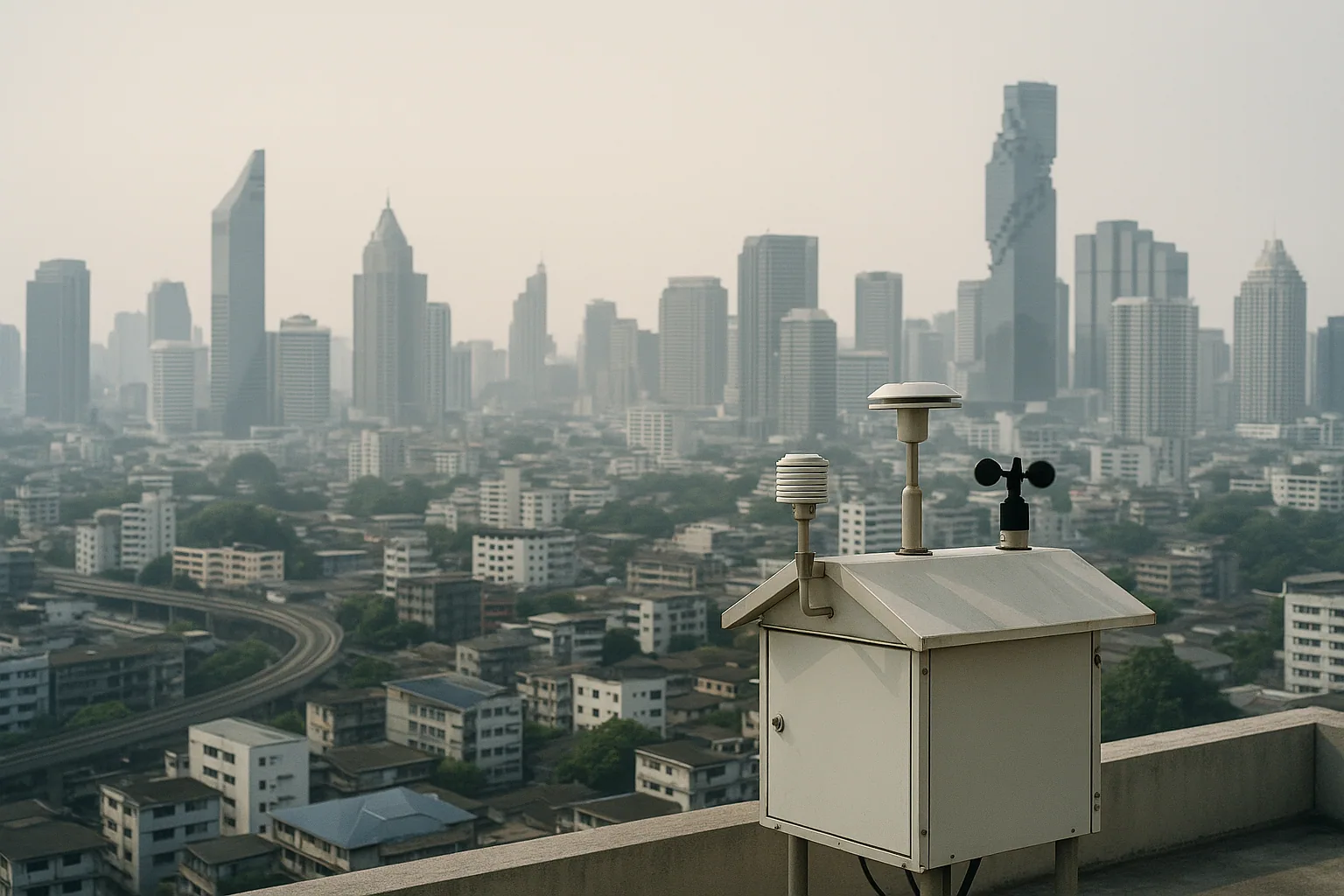 Bangkok skyline under light haze with an air quality monitoring station in the foreground