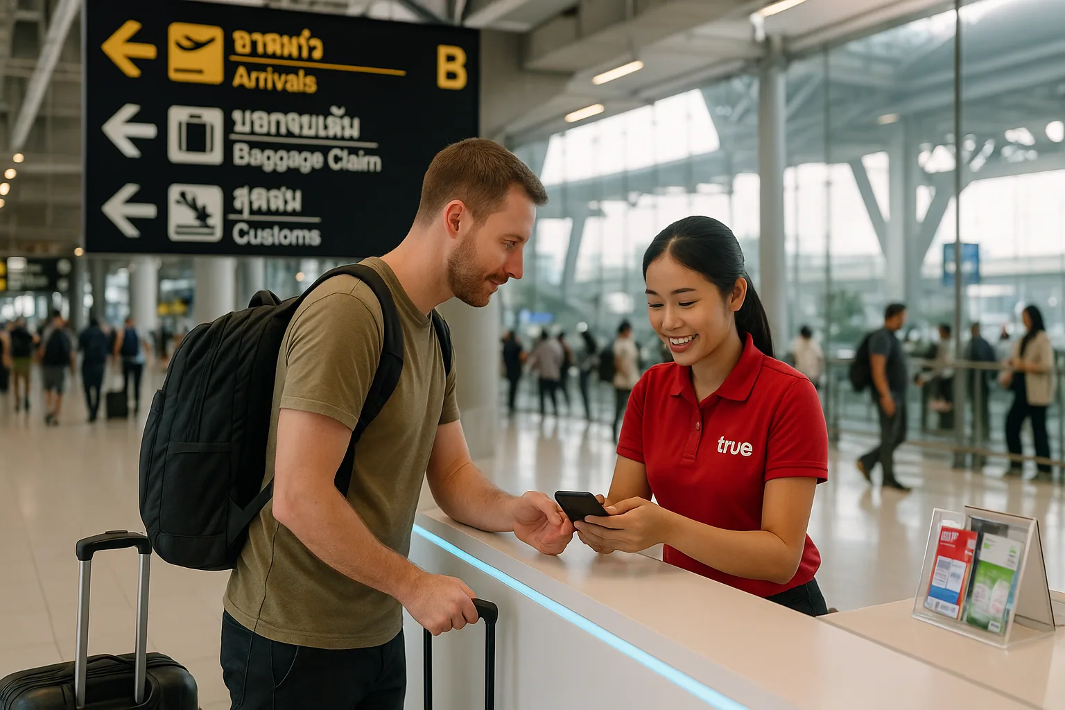 Traveler at Bangkok airport getting SIM card at True mobile counter
