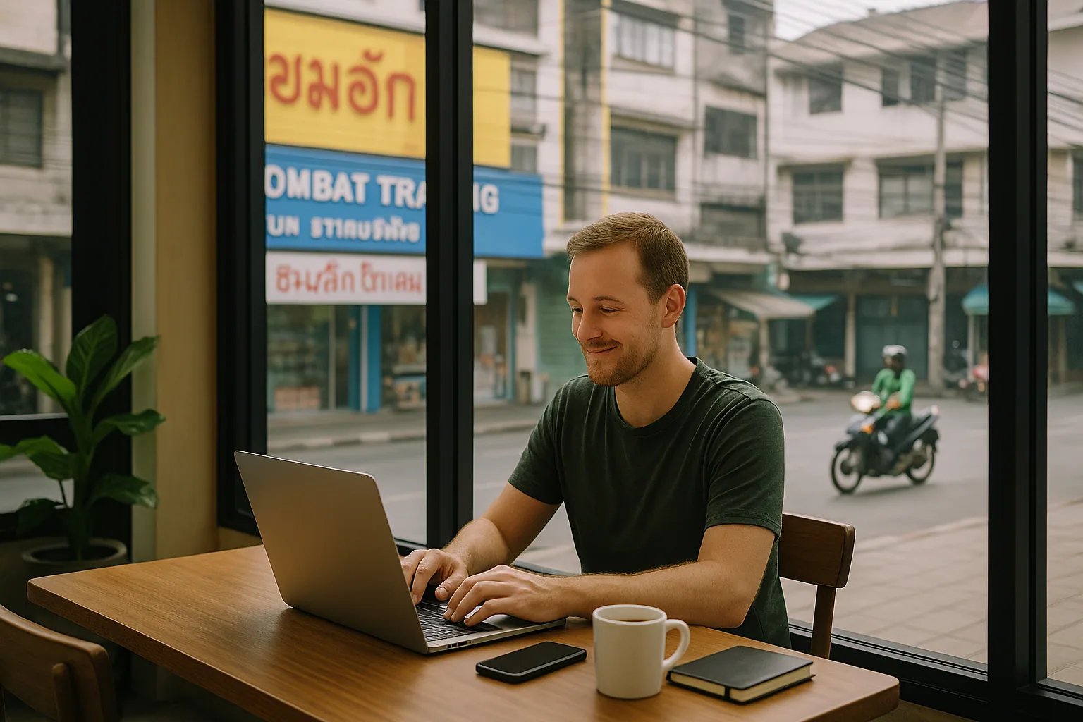Expat working on laptop at Bangkok cafe, Thai street visible through window, coffee on table, appearing settled and relaxed