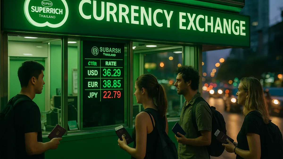SuperRich Thailand currency exchange storefront at night showing digital rate board
