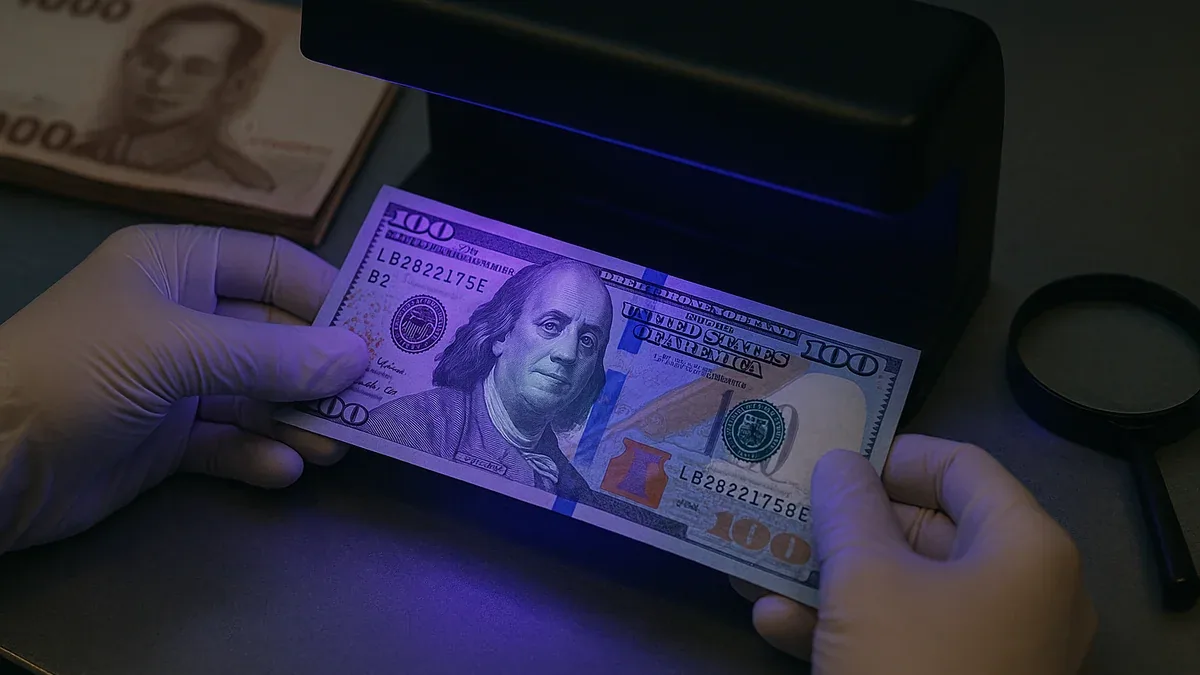Money changer checking US dollar bill authenticity under UV light with Thai baht notes, showing careful bill verification process