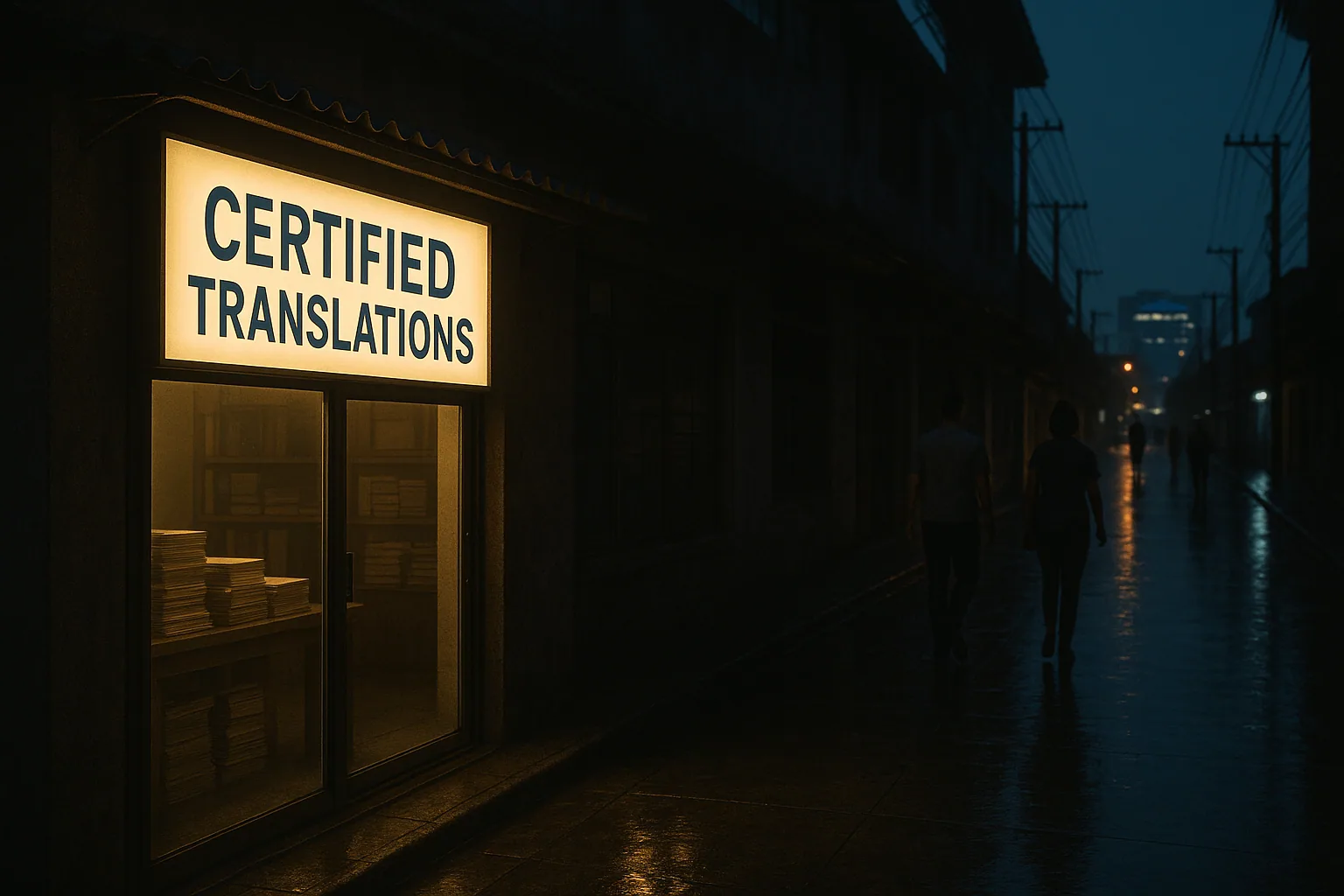 Certified translations service shop front at night with illuminated signage