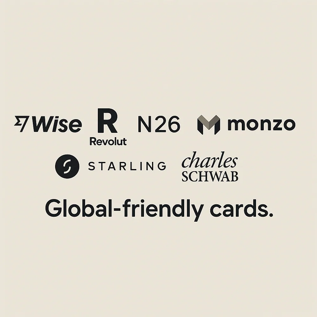 Logos for Wise, Revolut, N26, Monzo, Starling, and Charles Schwab