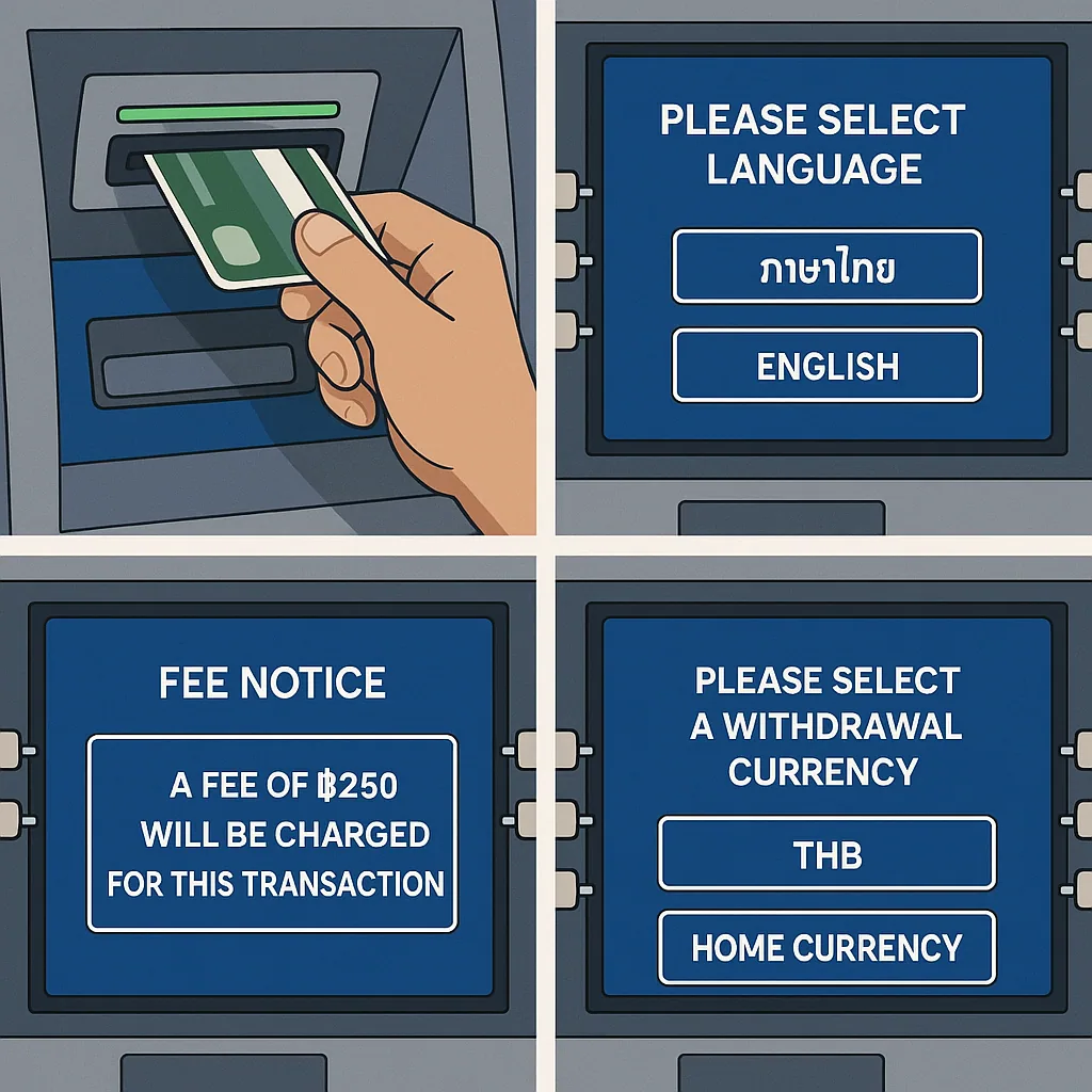 Diagram showing the Thai ATM user flow from card insert to fee disclosure and currency selection