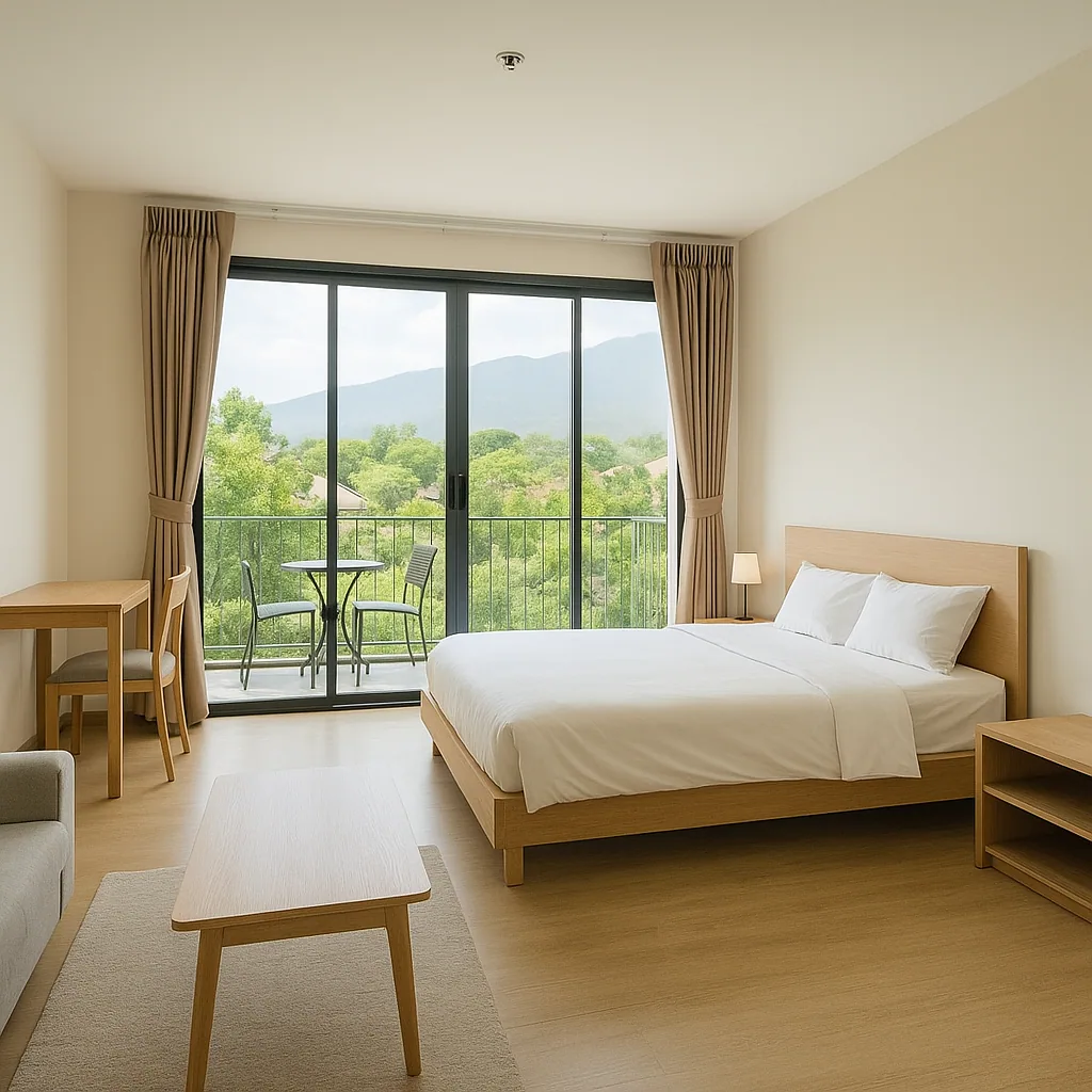 Modern minimalist bedroom with balcony overlooking green mountains, typical of mid-range Bangkok condos