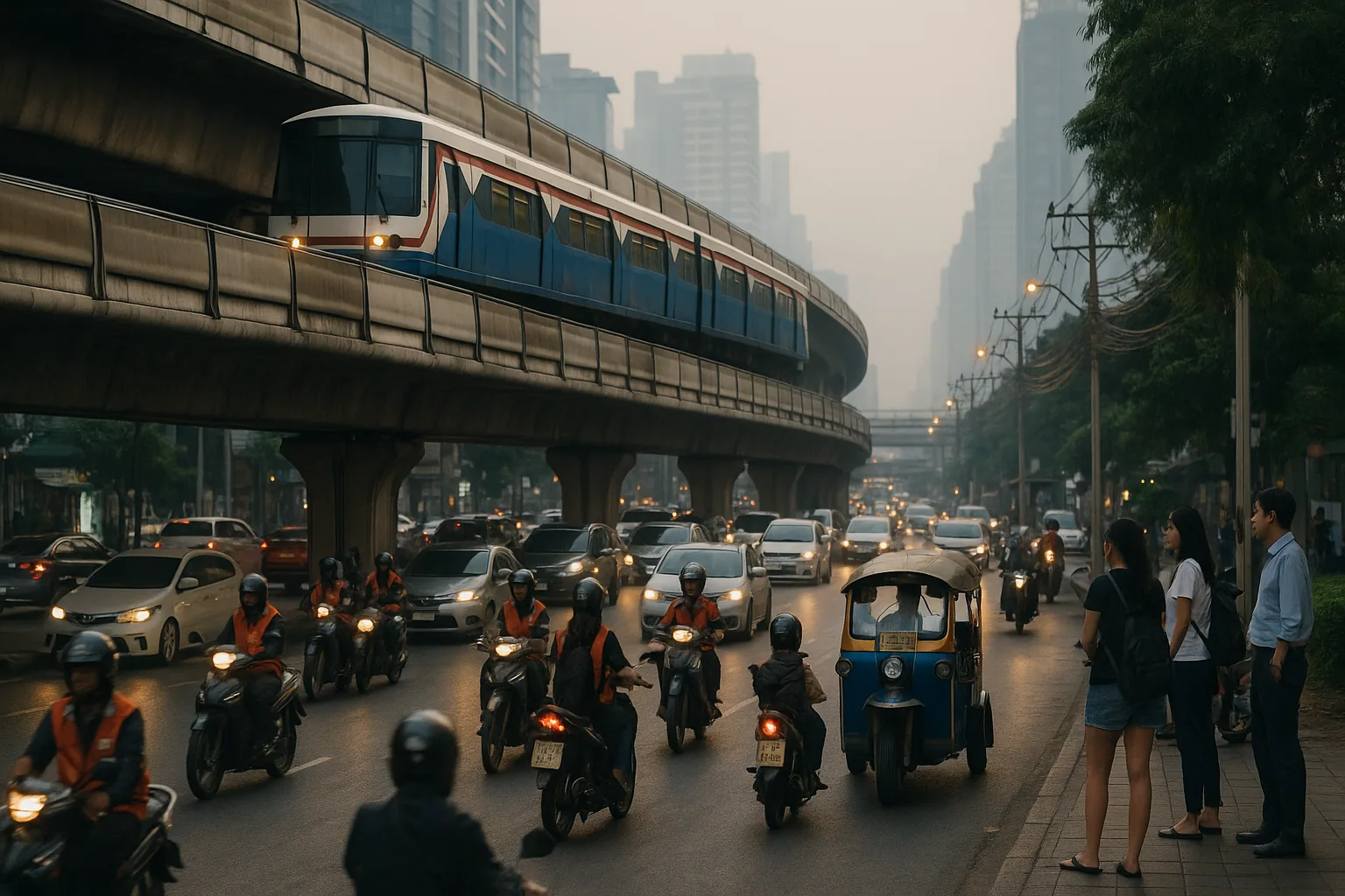 Evening rush hour commute on Bangkok Skytrain showing daily transportation costs for expats