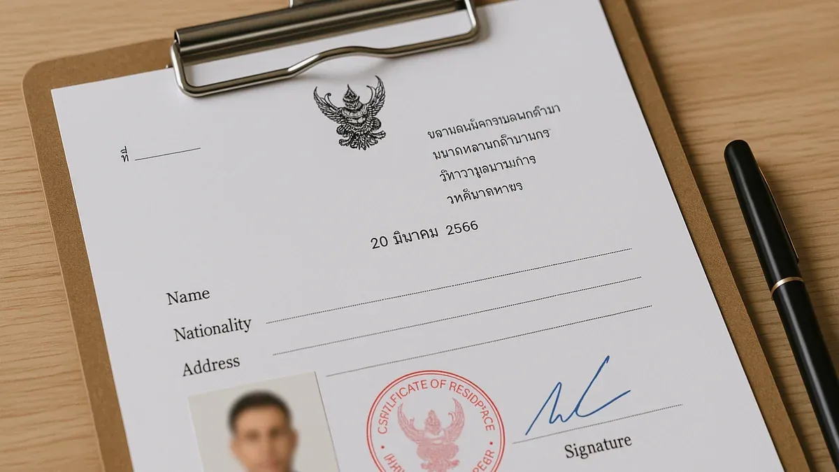 Certificate of Residence document on clipboard showing Thai government letterhead, passport photo, official red stamp, and signature field