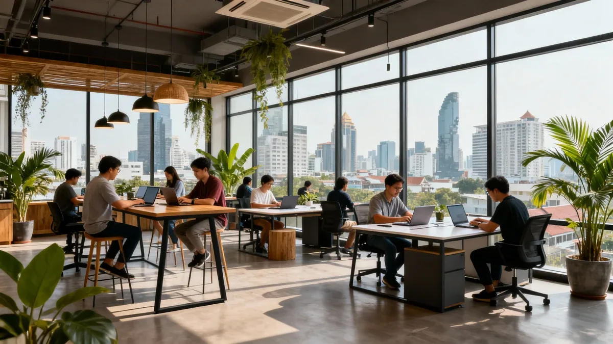 Modern coworking space in Bangkok with digital nomads working on laptops, large windows with city views, and contemporary Thai-inspired design