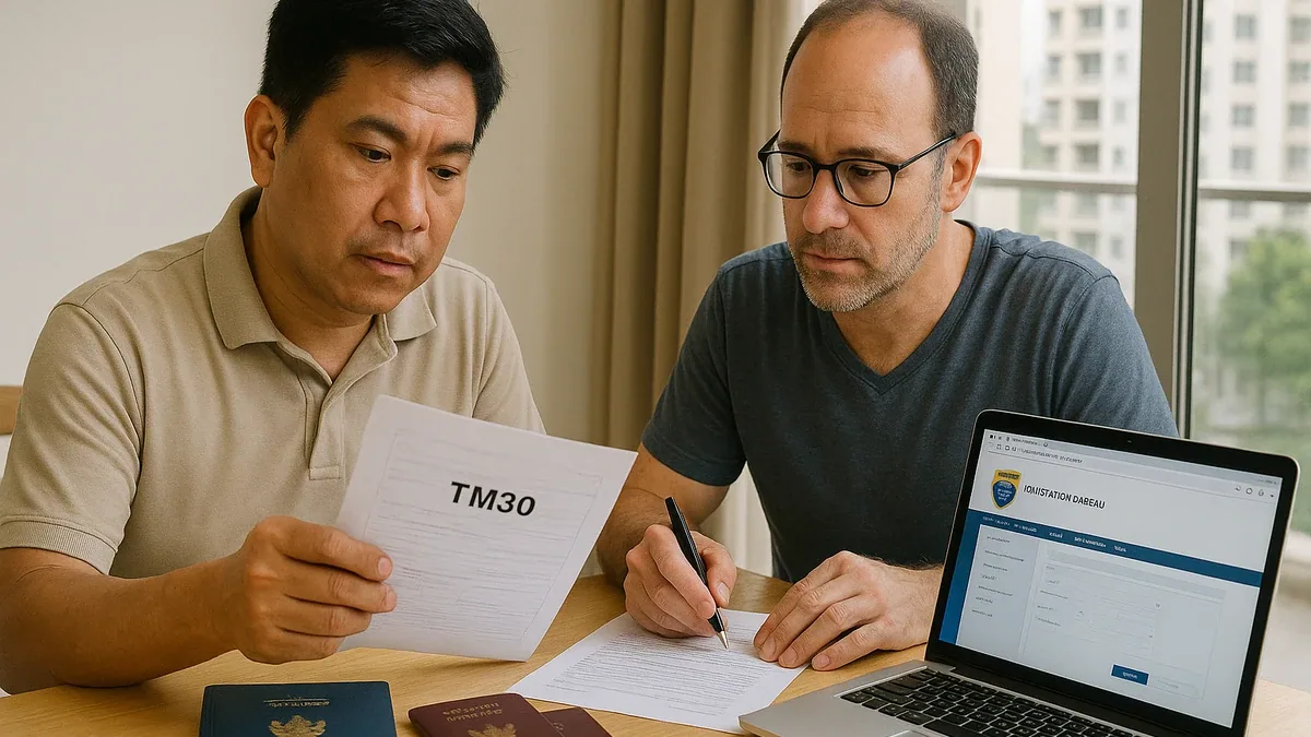 Thai landlord and expat tenant reviewing TM30 residence notification documents and house registration book