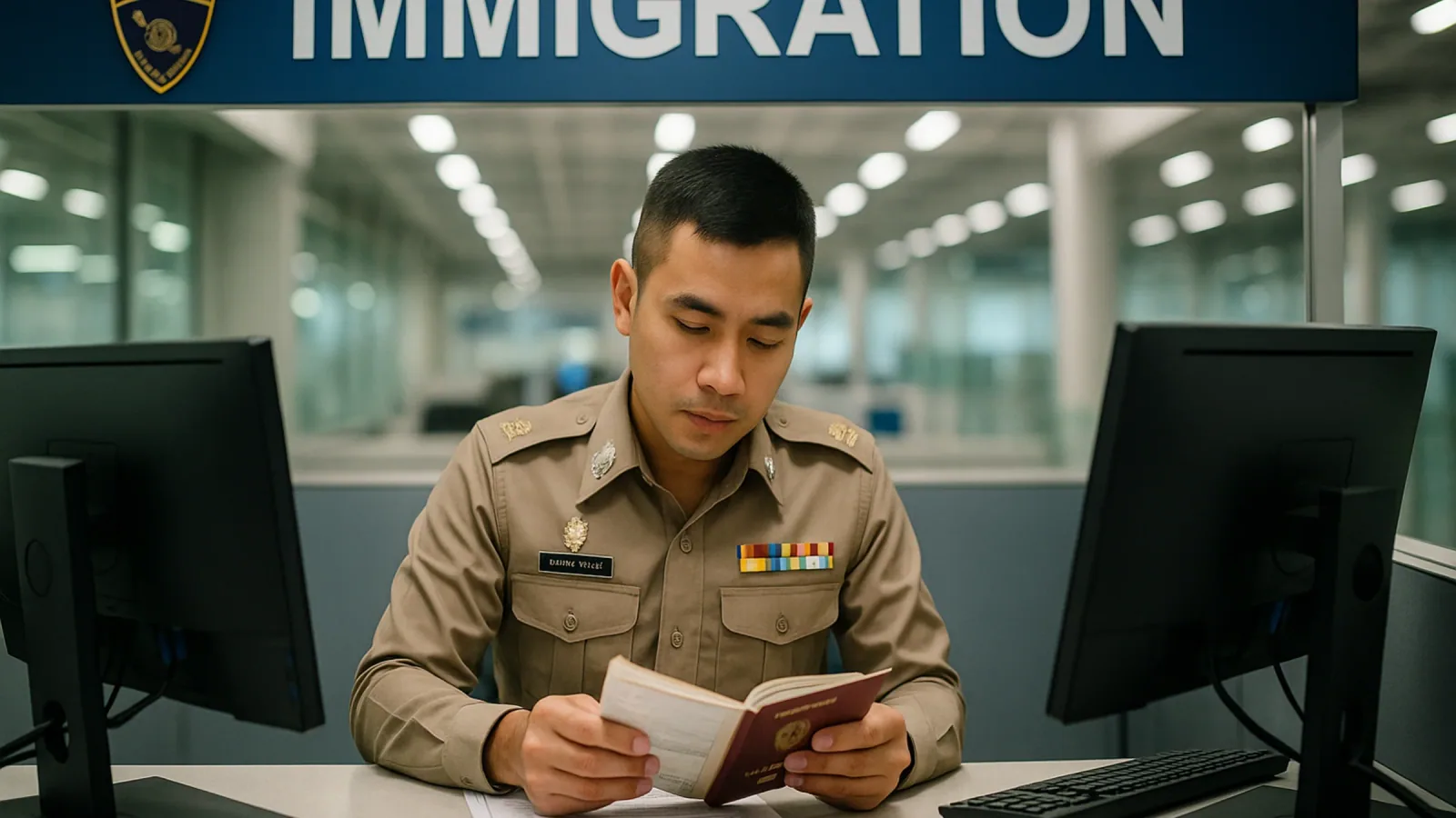Thai immigration officer reviewing passport and documents at immigration checkpoint